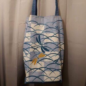 New Dragonfly Tote Shopper shoulder Bag Blue Gold Long 14x17x5" Double handle